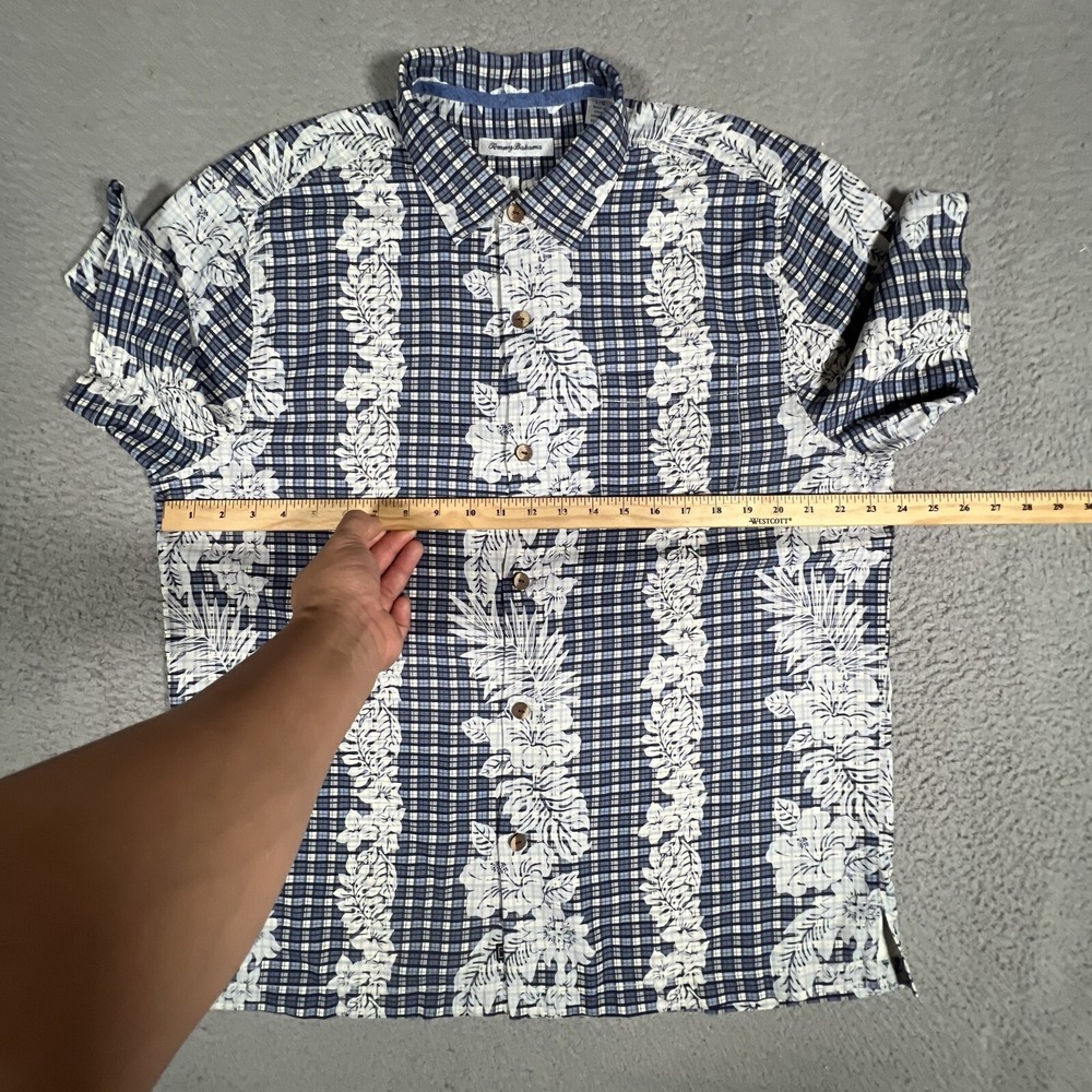 Tommy Bahama Shirt Mens Large Blue Floral Plaid 100% Silk Casual Preppy Pocket - Picture 7 of 12